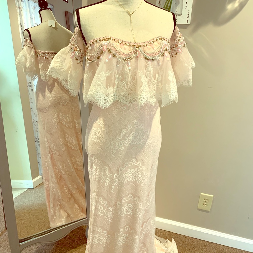 PiNk Lace Drop shoulder Formal Gown